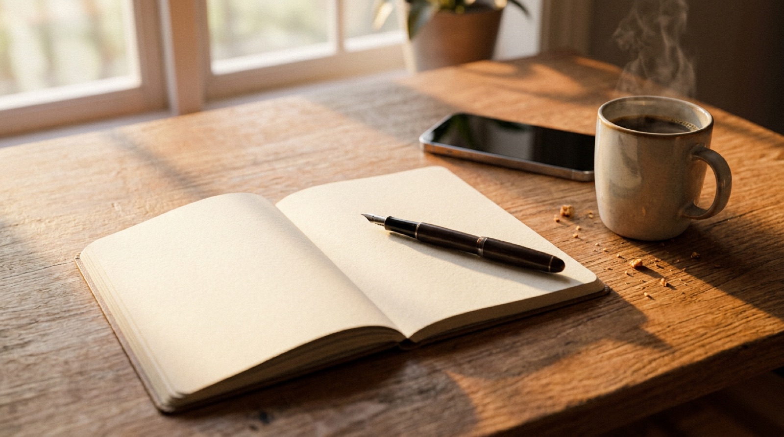 An open notebook, fountain pen, phone, and coffee on a warm wooden desk in soft morning light.