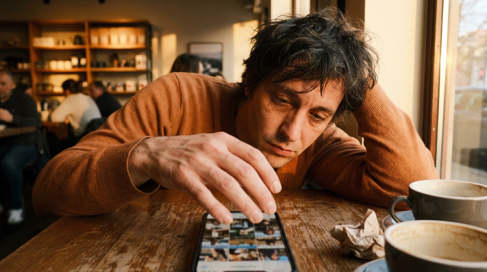 A tired person resting their head on a hand while looking at a repetitive feed on their phone at a cafe.