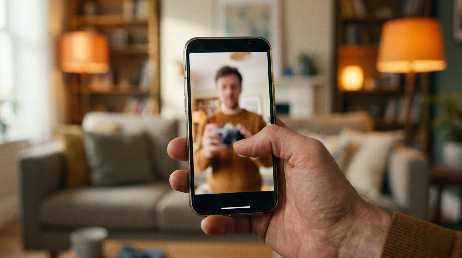 A hand holding a phone with the thumb paused mid-scroll over a short-form video, shot in natural light.