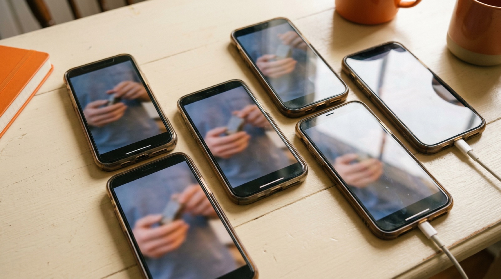 A grid of vertical UGC-style video ad thumbnails on phone screens, each with a creator holding a product.