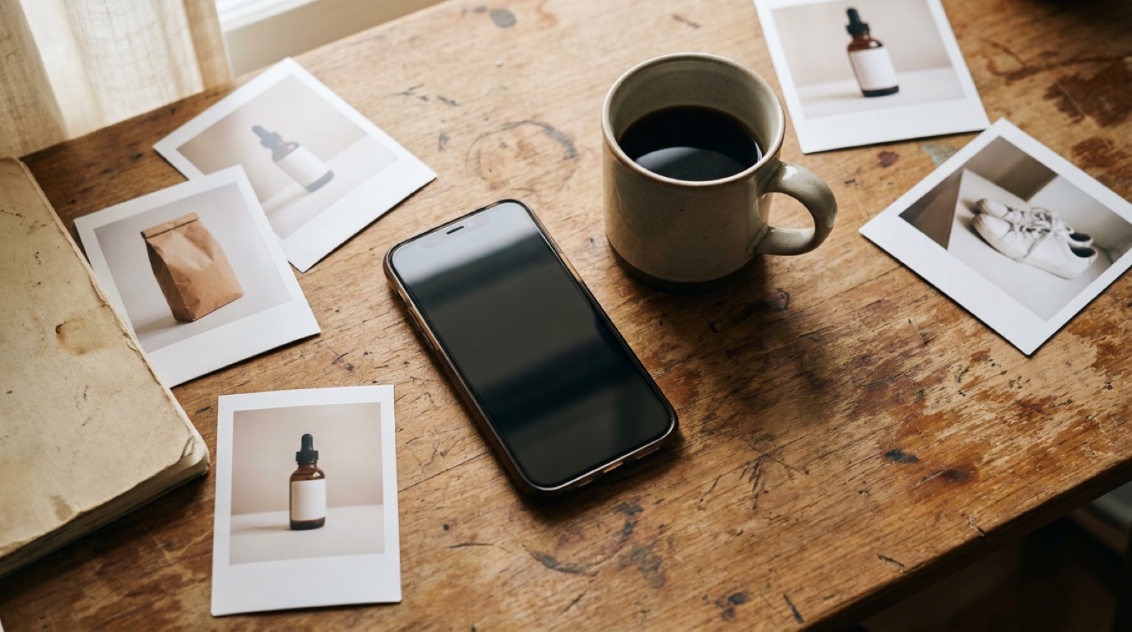A grid of floating social-media ad creative cards, each tagged with a glowing orange performance score, on a warm cream background.
