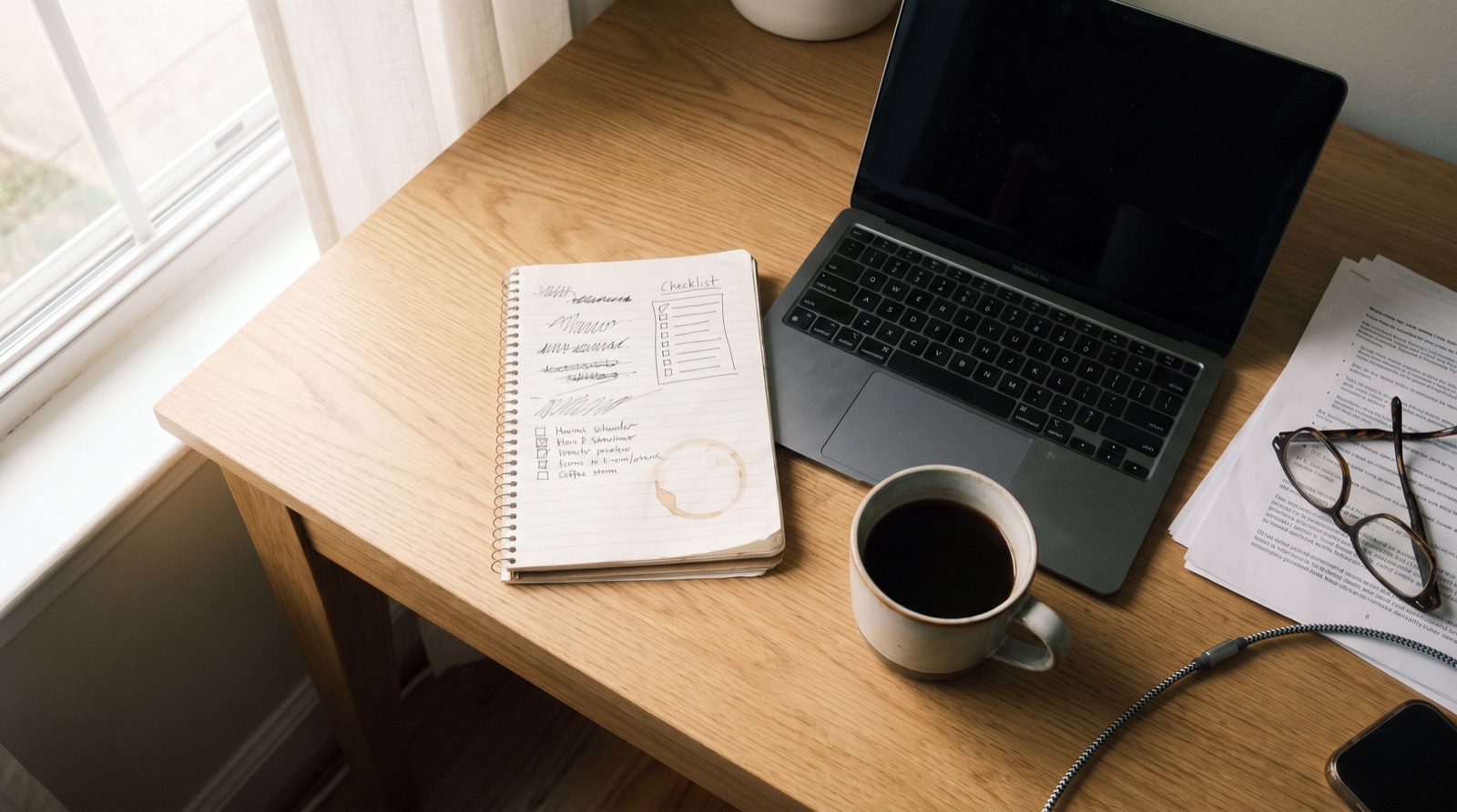A marketer reviewing a Meta ad creative scorecard on a laptop beside an orange performance score gauge.