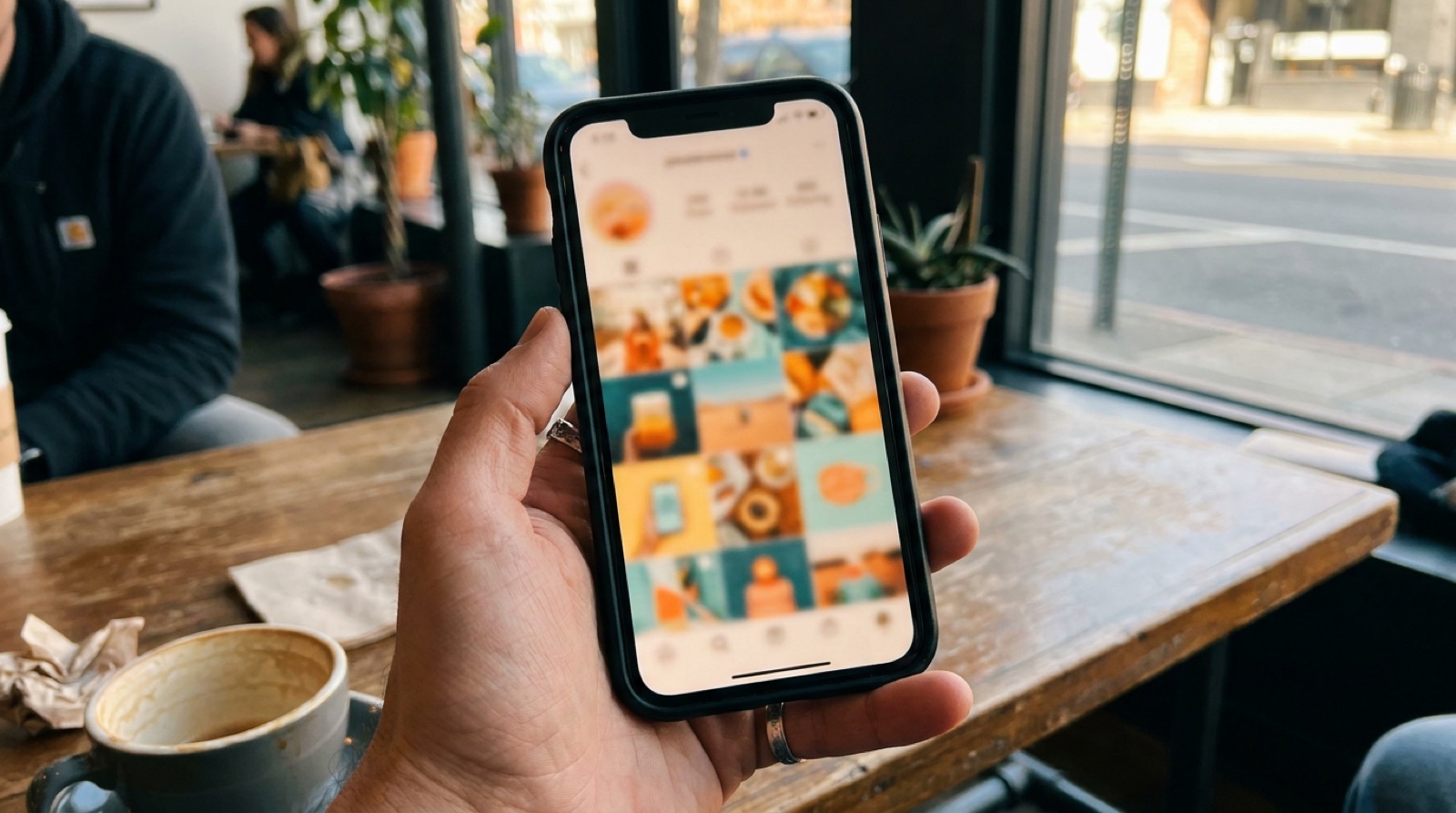 A smartphone showing a scroll-stopping product ad in a social feed on a warm cream background.