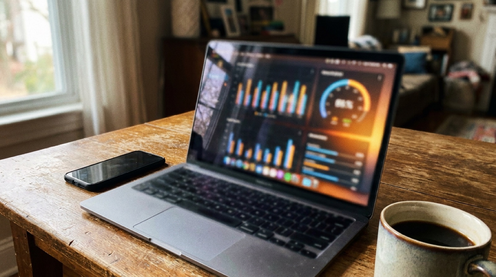 A close-up of an ad-scoring dashboard with a glowing orange score gauge and feedback chips around a product ad.