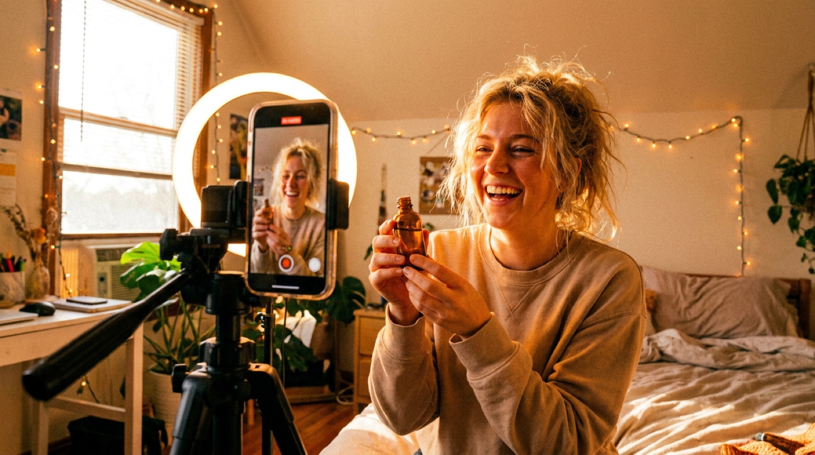 A vertical phone on a tripod with a ring light filming a creator showing a product, shot in a bright room.